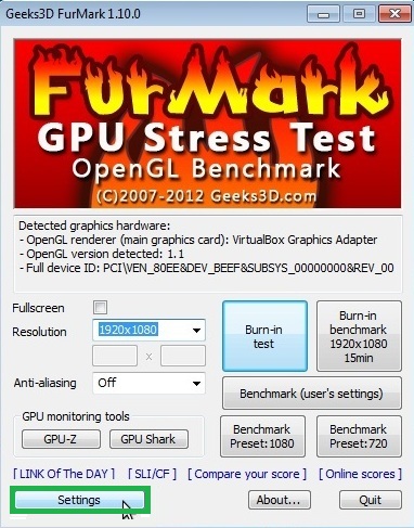 Test case results for Furmark benchmark